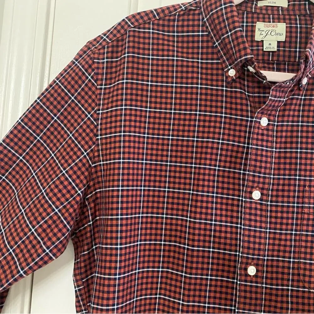 J. CREW • Orange + Navy Gingham Slim All Cotton Oxford Button Down Shirt